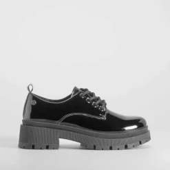 Online Blucher negro de charol con cordones Mujer Zapatos Tacón|Bluchers