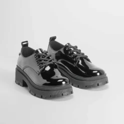 Online Blucher negro de charol con cordones Mujer Zapatos Tacón|Bluchers