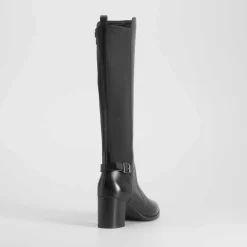 Hot Bota alta tacón plataforma piel negra Mujer Botas Tacón