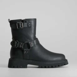 Hot Botín biker con hebilla negro Mujer Botines Planos