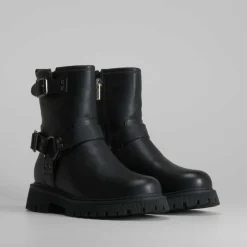 Hot Botín biker con hebilla negro Mujer Botines Planos