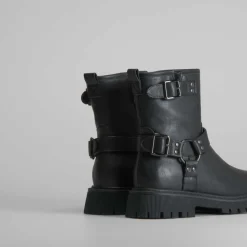 Hot Botín biker con hebilla negro Mujer Botines Planos