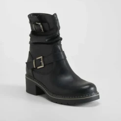 Hot Botín biker doble hebilla negro Mujer Botines Tacón