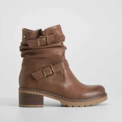New Botín biker doble hebilla marrón Mujer Botines Tacón
