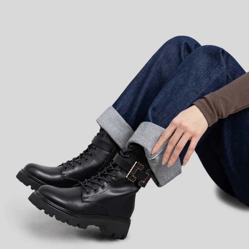 Clearance Botín cordón charol negro Mujer Botines Planos