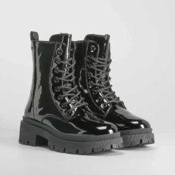 Hot Botín militar charol negro Mujer Botines Planos