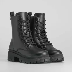 Best Botín militar con cordón negro Mujer Botines Planos|Botines Tacón