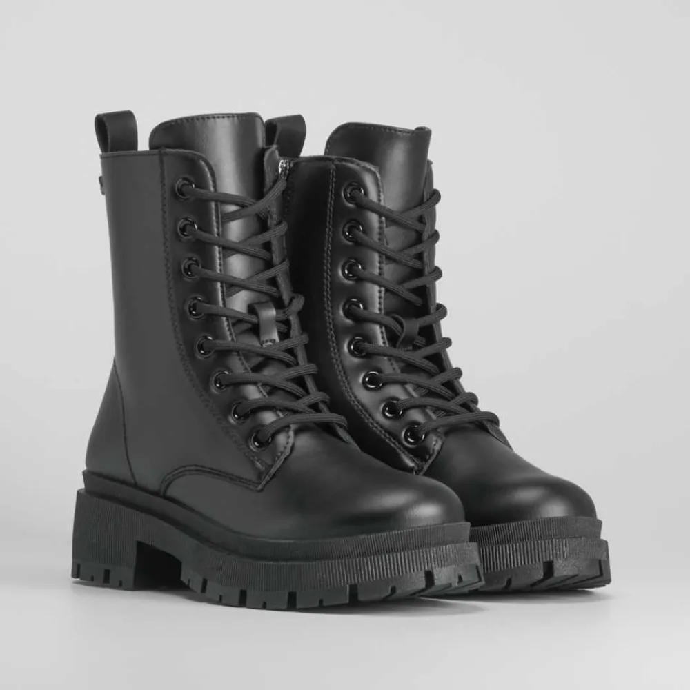 Best Botín militar con cordón negro Mujer Botines Planos|Botines Tacón
