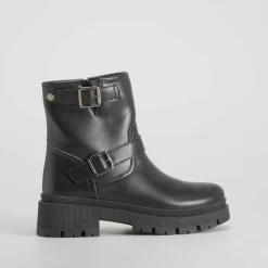 New Botín motero negro Mujer Botines Planos