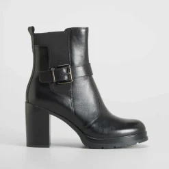 Sale Botín tacón ancho plataforma piel negro Mujer Botines Plataforma|Botines Tacón