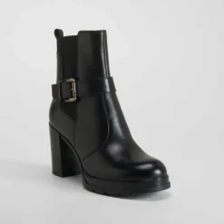 Sale Botín tacón ancho plataforma piel negro Mujer Botines Plataforma|Botines Tacón