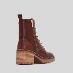 New Botín tacón bajo cordón marrón Mujer Botines Tacón