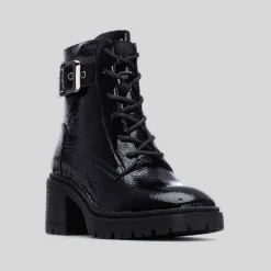 Online Botín tacón cordón charol negro Mujer Botines Tacón