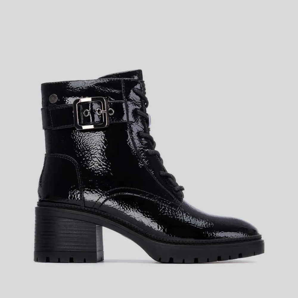 Online Botín tacón cordón charol negro Mujer Botines Tacón