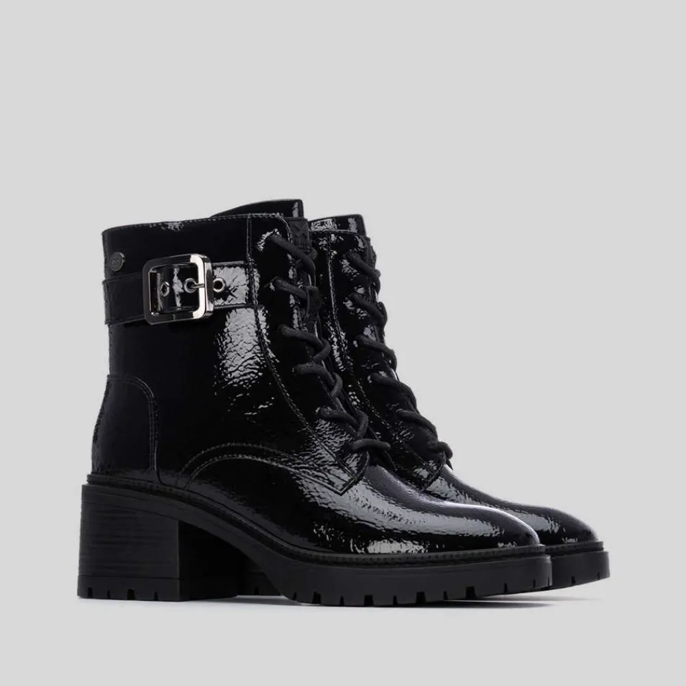 Online Botín tacón cordón charol negro Mujer Botines Tacón