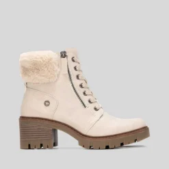 Botín tacón cuello pelo beige Mujer Botines Tacón