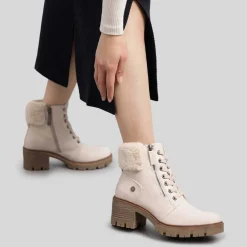Botín tacón cuello pelo beige Mujer Botines Tacón