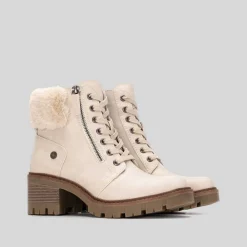 Botín tacón cuello pelo beige Mujer Botines Tacón