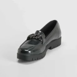 New Mocasín cadena charol negro Mujer Zapatos Confort|Mocasines