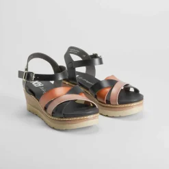 New Sandalia de cuña de tiras marrón y negra Mujer Sandalias Cuña