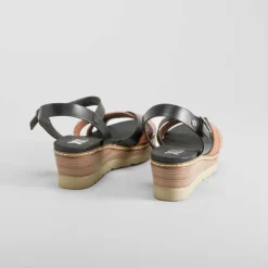 New Sandalia de cuña de tiras marrón y negra Mujer Sandalias Cuña