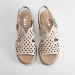 Clearance Sandalia de cuña smash de piel beige Mujer Sandalias Cuña|Sandalias Confort