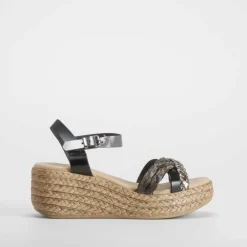 Hot Sandalia de cuña trenzas de piel negro Mujer Sandalias Cuña