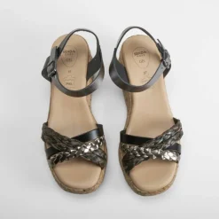 Hot Sandalia de cuña trenzas de piel negro Mujer Sandalias Cuña