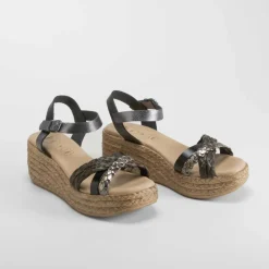 Hot Sandalia de cuña trenzas de piel negro Mujer Sandalias Cuña