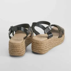 Hot Sandalia de cuña trenzas de piel negro Mujer Sandalias Cuña