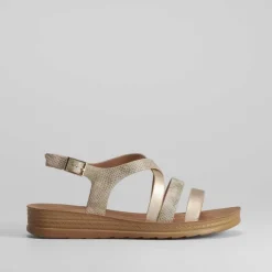 Sandalia dorada plana y grabada Mujer Sandalias Planas