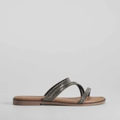 Sale Sandalia plana tiras brillo negra PICCOLA PIU Mujer Sandalias Planas