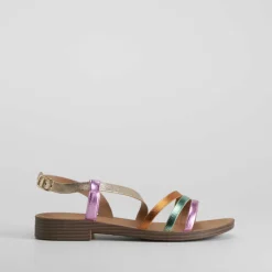 Hot Sandalia plana tiras metalizado multicolor Mujer Sandalias Planas