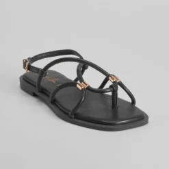 Outlet Sandalia plana tubular negra PICCOLA PIU Mujer Sandalias Planas