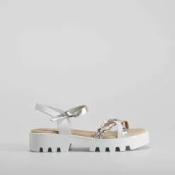 Sandalia tacón bajo de piel plata OH GIRL Sandalias