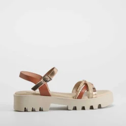 Sale Sandalia tacón bajo de piel marrón OH GIRL Sandalias