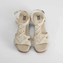 New Sandalia tacón madera macramé blanca Mujer Sandalias Tacón