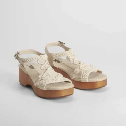 New Sandalia tacón madera macramé blanca Mujer Sandalias Tacón