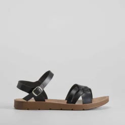 Hot Sandalia tiras cruzada negra Mujer Sandalias Planas