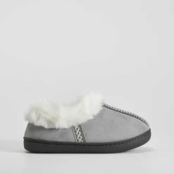 Hot Zapatilla cerrada pelo étnico gris Mujer Zapatillas Casa