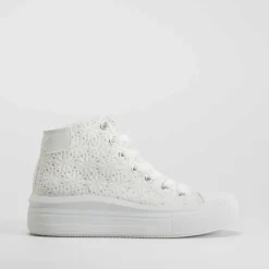 Outlet Zapatilla lona alta plataforma floral blanca Mujer Zapatillas Lona